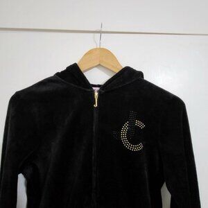 Juicy Couture Velour Hoodie L Black Gold J Zip Y2K Style Bling Tracksuit